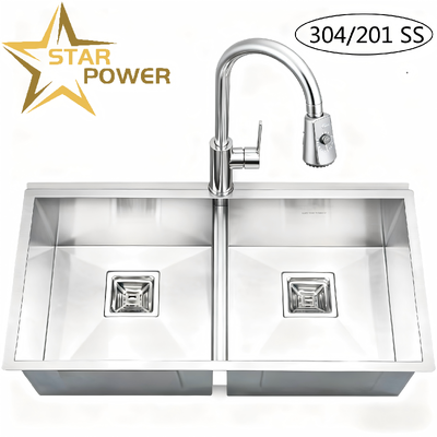 คุณภาพ  STAR POWER Brushed 304 Stainless Steel Handmade Kitchen Sink with Double-Bowl Design and Pull-Out Faucet โรงงาน
