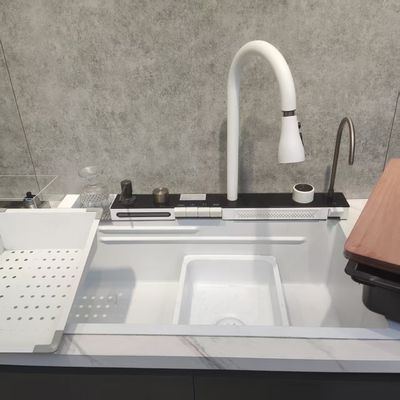 สีขาว ซ่อมครัวหลากหลายฟังก์ชัน กล่องสองชั้น ด้านบนการติดตั้งสแตนเลส