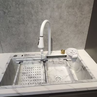 สีขาว ซ่อมครัวหลากหลายฟังก์ชัน กล่องสองชั้น ด้านบนการติดตั้งสแตนเลส