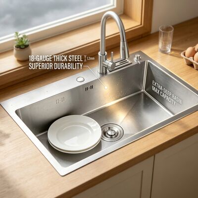 ราคาดี Brushed 18-Gauge 304 Stainless Steel Single Bowl Kitchen Sink Undermount 1000mm 300mm Extra-Deep Basin ออนไลน์