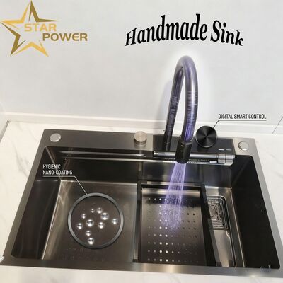 ราคาดี Matte Black Nano-Coated 304 Stainless Steel Kitchen Sink Undermount Double Bowl 750mm 230mm Deep Basin ออนไลน์