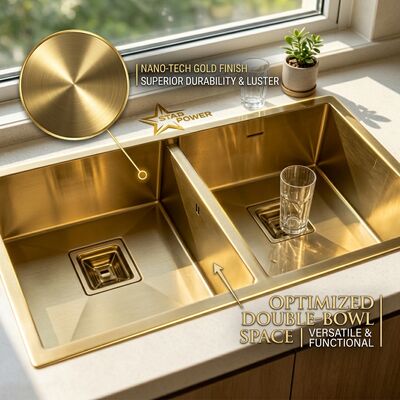 ราคาดี Gold-Toned Food-Grade 304 Stainless Steel Main Auxiliary Bowl Kitchen Sink Flush-Mount 900mm 250mm Deep Basin ออนไลน์