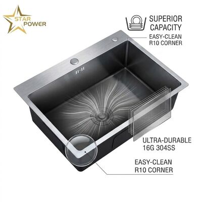 ราคาดี 16 Gauge 304 Stainless Steel Deep Single Bowl Kitchen Sink Drop-in 33x22 Inch 10 Inch Basin Brushed Finish ออนไลน์