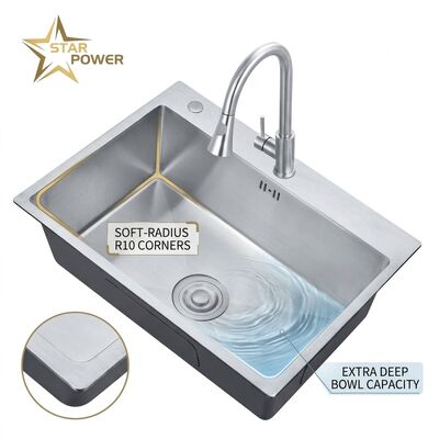 ราคาดี Drop-In 27x18 Single Bowl Kitchen Sink SUS304 Handmade 22 Gauge Deep Basin online
